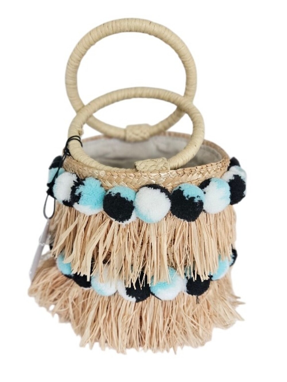 NWT BTB Los Angeles - Round Bucket Straw Fringe & Pompoms Colorfull - Picture 2 of 13